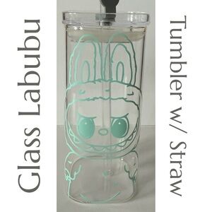 Glass Labubu Tumbler with Straw - Sage/Teal Green